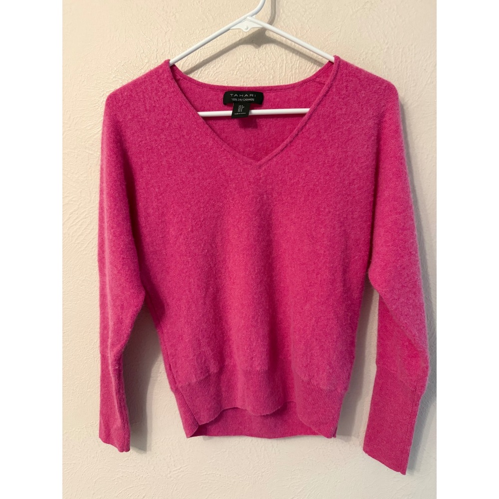 Tahari 100% 2-Ply Cashmere V-Neck Sweater Hot Pink Small Long Sleeve Ribbed Cuff